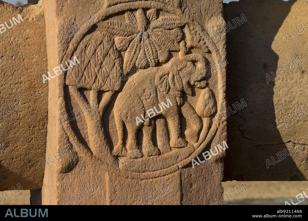 Round motif depicting an elephant. Detailed decorative carving on the balustrade of Stupa 2. Buddhist Monuments at Sanchi. UNESCO World Heritage Site. Sanchi, Madhya Pradesh, India, Asia.