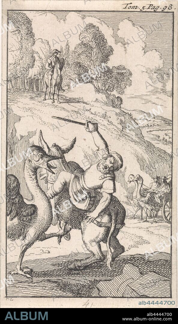 Battle of Sancho with an ostrich, Print marked upper right: Tom. 5. p. 98, walker and runner birds: Ostrich, Don Quixote, Sancho Panza, Caspar Luyken (mentioned on object), Amsterdam, 1696, paper, etching, h 120 mm × w 69 mm.