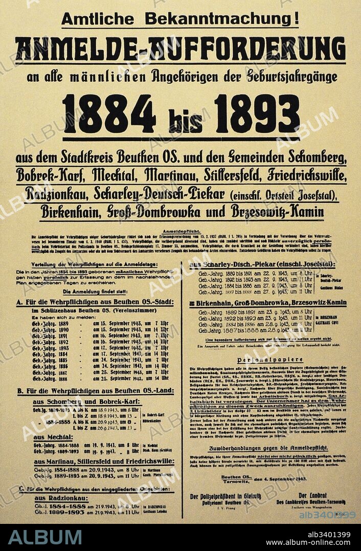 Segunda Guerra Mundial (1939-1945). El reclutamiento de hombres de la Alta Silesia por el ejército de la Wehrmacht aumentó entre 1941-1944. Cartel de 1943 alentando a reclutas de Bytom (ciudad dentro de las fronteras alemanas) y de otras ciudades incorporadas al Reich tras 1939, e informándoles de su deber.