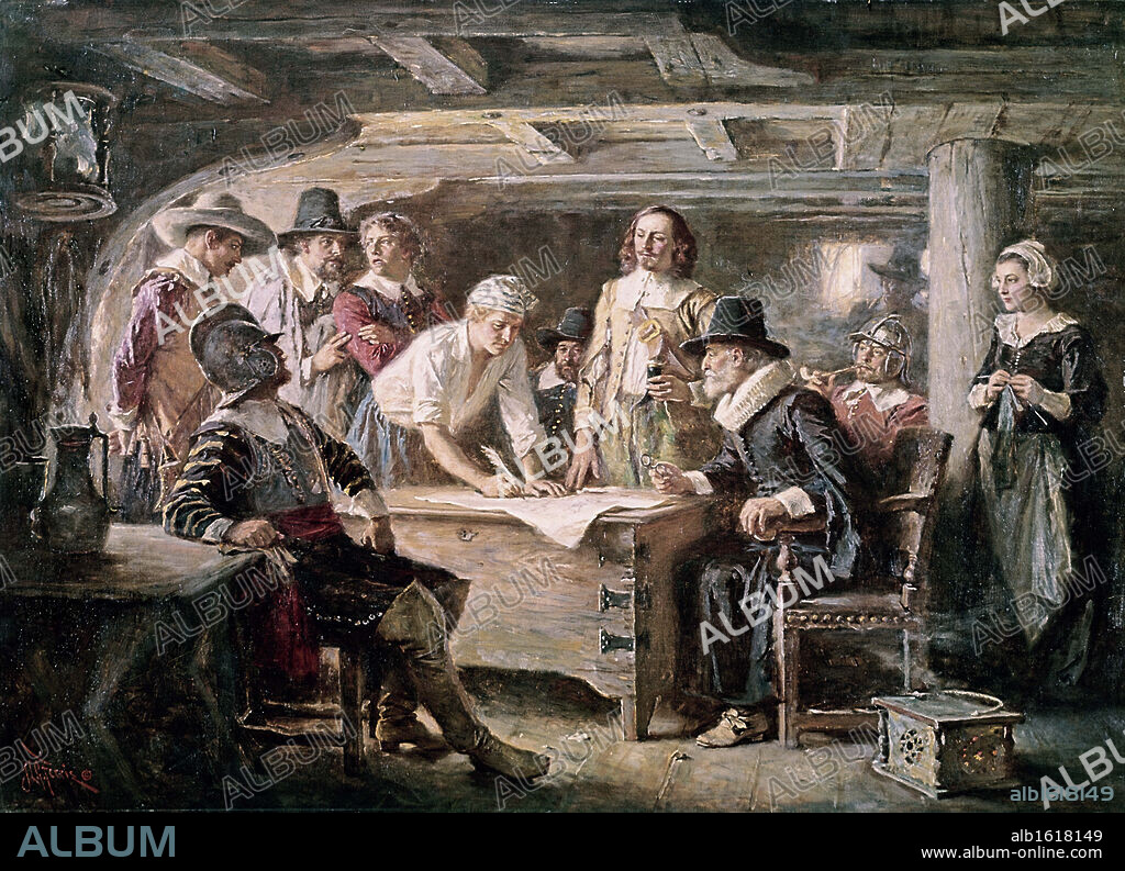 Signing the Mayflower Compact, 1620  Jean Leon Gerome Ferris (1863-1930 American).