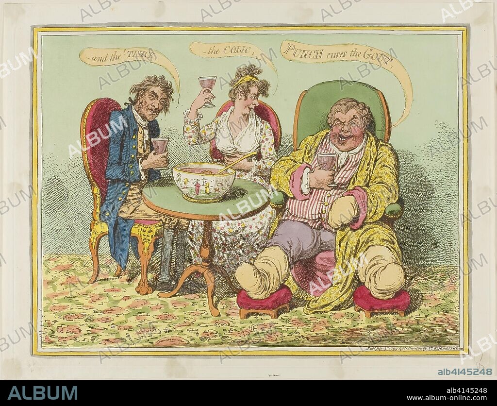 Punch Cures the Gout, the Colic, and the 'Tisick. James Gillray (English, 1756-1815); published by Hannah Humphrey (English, c. 1745-1818). Date: 1799. Dimensions: 258 × 340 mm (image); 262 × 364 mm (plate); 288 × 377 mm (sheet). Hand-colored etching with engraving on ivory wove paper. Origin: England.