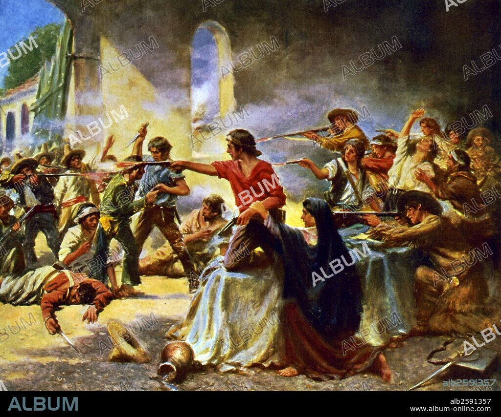 A pivotal event in the Texas Revolution. Following a 13-day siege, Mexican troops under President General Antonio López de Santa Anna launched an assault on the Alamo Mission near San Antonio de Béxar (modern-day San Antonio, Texas, United States). Photo by: .