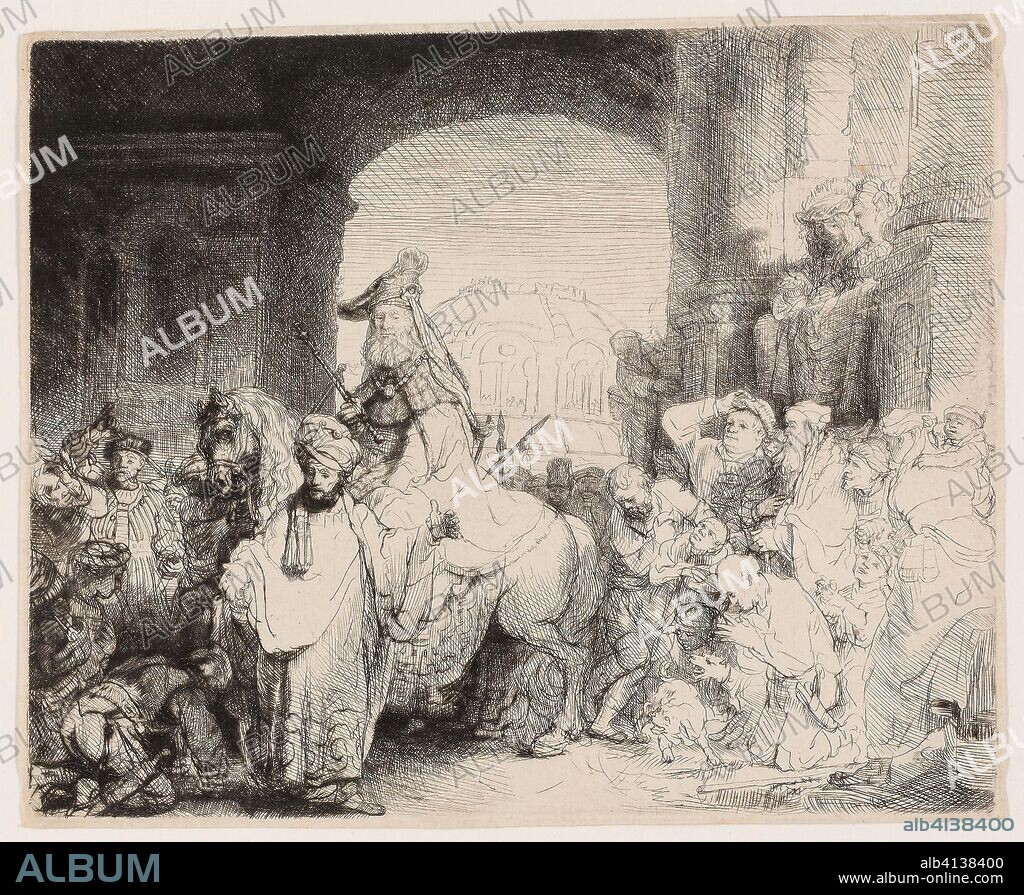 REMBRANDT HARMENSZOON VAN RIJN. The Triumph of Mordecai. Rembrandt van Rijn; Dutch, 1606-1669. Date: 1635-1646. Dimensions: 175 x 215 mm (image/plate); 177 x 218 mm (sheet). Etching and drypoint on buff laid paper. Origin: Holland.