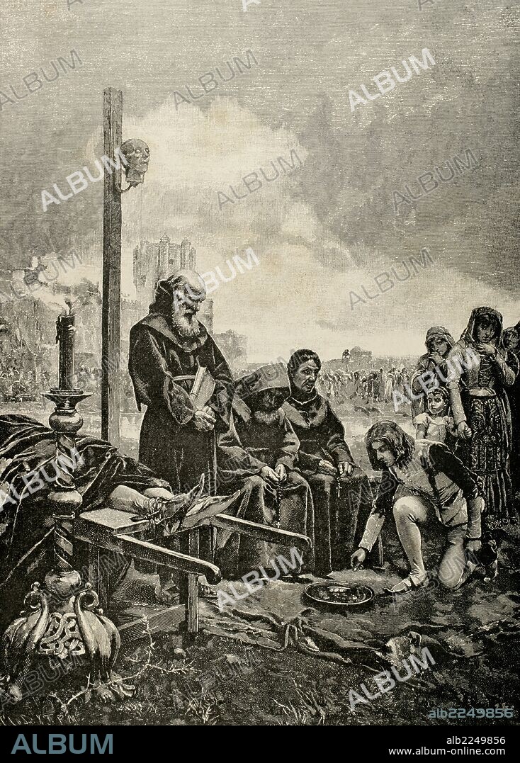 ADOLF CLOSS. ALVARO DE LUNA (1390-1453). Noble castellano de la casa de Luna. Condestable de Castilla, Gran Maestre de Santiago y valido del rey Juan II de Castilla. Grabado por A. Closs, del cuadro de Manuel Ramirez "Una limosna para el alma del condestable Don Alvaro de Luna". "La Ilustración Artística", 1885.