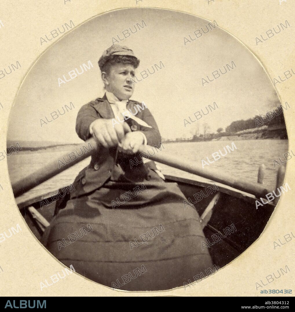 Woman in hat rowing a boat, c. 1888. Albumen silver print. This photograph displays both an unusual perspective and some less common subject matter: an outdoor action shot of a woman physcially exerting herself. In 1888, the Kodak No.1 camera allowed amateurs to shoot scenes that had once been taken only by professional photographers. This broadened the range of subject matter and allowed for a more spontaneous documentation of daily life.