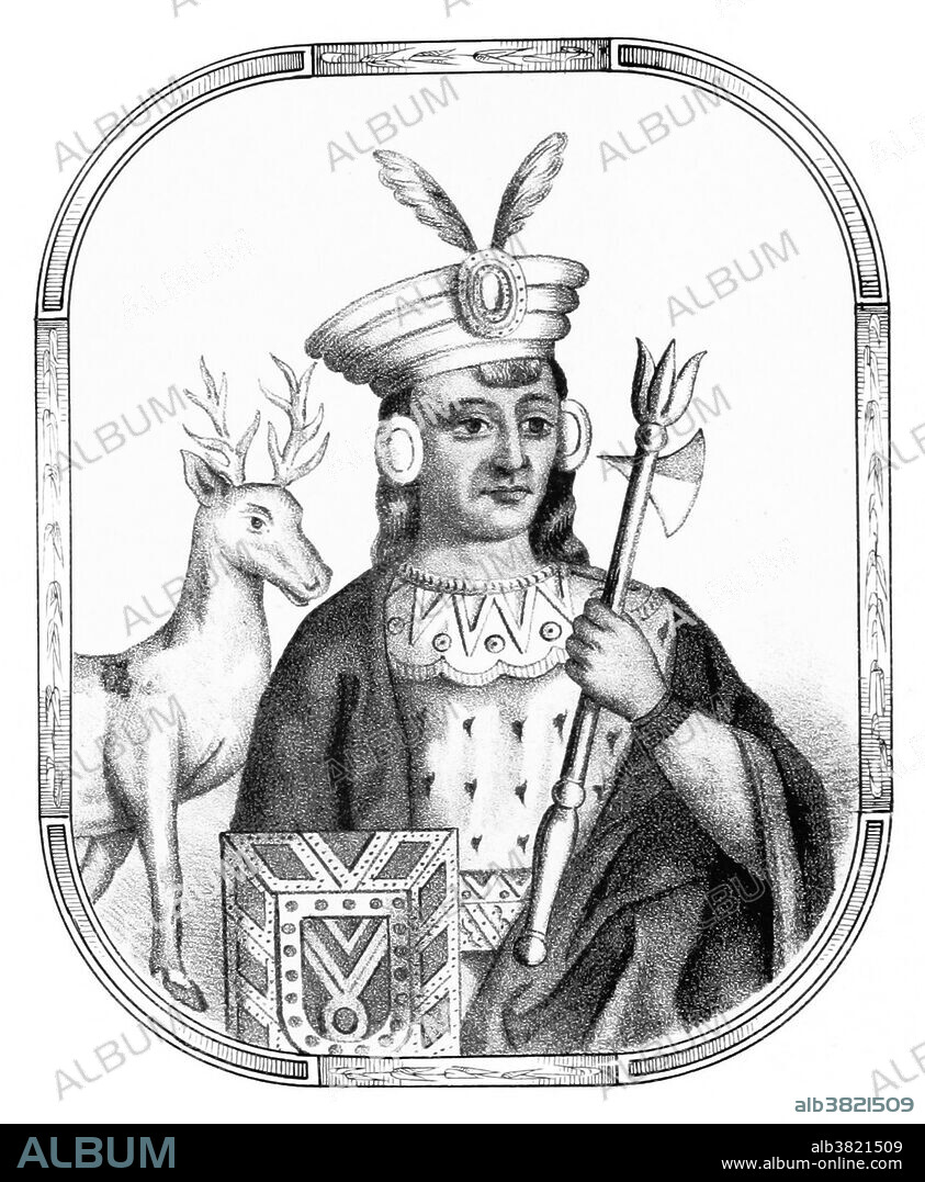 Topa Inca Yupanqui was the second Sapa Inca (1471-93) of the Inca Empire, fifth of the Hanan dynasty, and tenth of the Inca civilization. His father was Pachacuti, and his son was Huayna Capac. Topa Inca belonged to the Qhapaq panaca (one of the clans of Inca nobles). He conquered Chimor, which occupied the northern coast of what is now Peru, the largest remaining rival to the Incas. He conquered the province of Antis and subdued the Collas. He imposed rules and taxes, creating two Governor Generals, Suyuyoc Apu, one in Xauxa and the other in Tiahuanacu. Tupac Inca Yupanqui created the fortress Saksaywaman on the high plateau above Cuzco, which included store houses for provisions and clothing. Tupac Inca died in 1493, leaving two legitimate sons, and 90 illegitimate sons and daughters. Image taken from page 92 of "Recuerdos de la Monarquia Peruana, Ã³ bosquejo de la historia de los Incas, etc" by Justo Sahuaraura, 1850.
