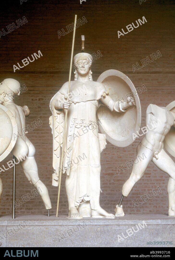 Reconstruction of part of the West Pediment of the Temple of Aphaia, Aegina, Greece, c500-480 BC. Athena is in the centre of the image. This item is now in the Munich Glyptothek Germany.