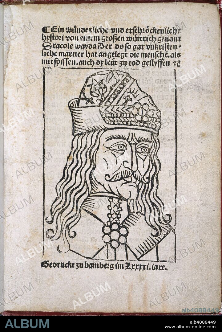 Vlad III Dracula. W:underliche und erschr:ockenliche hystori von ein. Bamberg, 1491. Vlad III of Wallachia. Known as Vlad Tepes - The Impaler or Dracula. Portrait.  Image taken from W:underliche und erschr:ockenliche hystori von einem groszen w:uttrich genant Dracole wayda,  Originally published/produced in Bamberg, 1491. . Source: IA.2673, title page.
