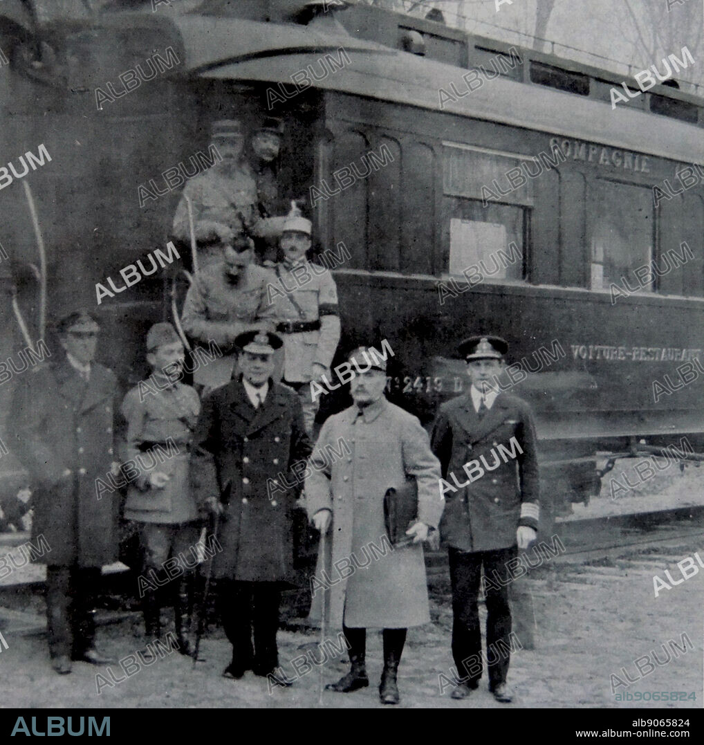 General Weygand, Admiral wemyss and Marshall Foch after signing the armistice with Germany to mark the end of world war One. The ceremony was carried out in a railway car. 11th November 1918.
