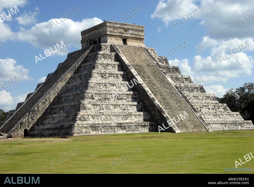 La Piramide, known as the Temple of Kukulca, a Mesoamerican step-pyramid that dominates the centre of the Chichen Itza archaeological site in the Mexican state of Yucatan. The pyramid building is more formally designated by archaeologists as Chichen Itza Structure 5B18. Built by the pre-Columbian Maya civilization between the 8th and 12th centuries AD, the pyramid served as a temple to the deity Kukulcan, the Yucatec Maya Feathered Serpent deity closely related to Quetzalcoatl.