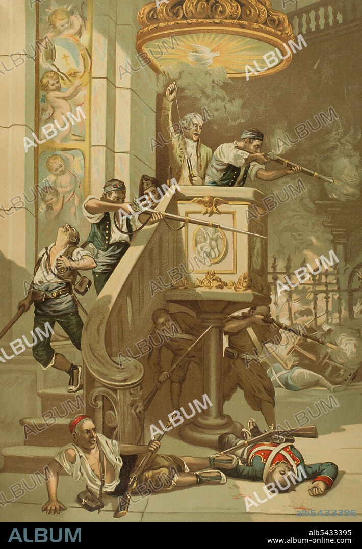 Historia de España. Guerra de la Independencia (1808-1814). Segundo Sitio de Zaragoza (20 de diciembre de 1808 al 21 de febrero de 1809). Combate heroico en el púlpito de la iglesia de San Agustín de Zaragoza en el segundo sitio de 1809. Ilustración a partir del cuadro de César Alvarez Dumont en 1887. Cromolitografía. Historia General de España, por Miguel Morayta. Tomo VI. Madrid, 1892.