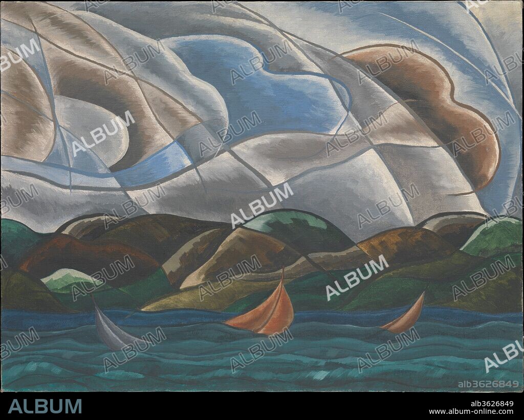 Clouds and Water. Artist: Arthur Dove (American, Canandaigua, New York 1880-1946 Huntington, New York). Dimensions: 29 5/8 x 39 5/8 in. (75.2 x 100.6 cm). Date: 1930.
Clouds and Water was inspired by the landscape of Halesite, a town on the north shore of Long Island where Dove and his companion Helen "Reds" Torr lived in the late 1920s. They resided on their boat, the Mona, in warm weather and they had just begun their first winter as caretakers of the Ketewomoke Yacht Club in November 1929. From their second-floor room at the Yacht Club, surrounded by windows on three sides, Dove and Torr had an unimpeded view of Huntington Harbor. In the airy marine prospect of Clouds and Water, several sailboats dip along the surface of the waves, and a landscape of rounded hills rises in the distance. The sky, which fills half the canvas, is banded with long curving lines that suggest wind currents. The painting's unrestrained painting style indicates Dove's philosophy about the elements of nature: they are independent yet interconnected, unique yet mutable. He also expressed this idea in the verse-like statement that he had written earlier for the catalogue of the exhibition Seven Americans in 1925, which reads in part:
Works of nature are abstract.
They do not lean on other things for meaning.
The seagull is not like the sea
Nor is the sun like the moon.
The sun draws water from the sea.
The clouds are not like either one-
They do not keep one form forever.