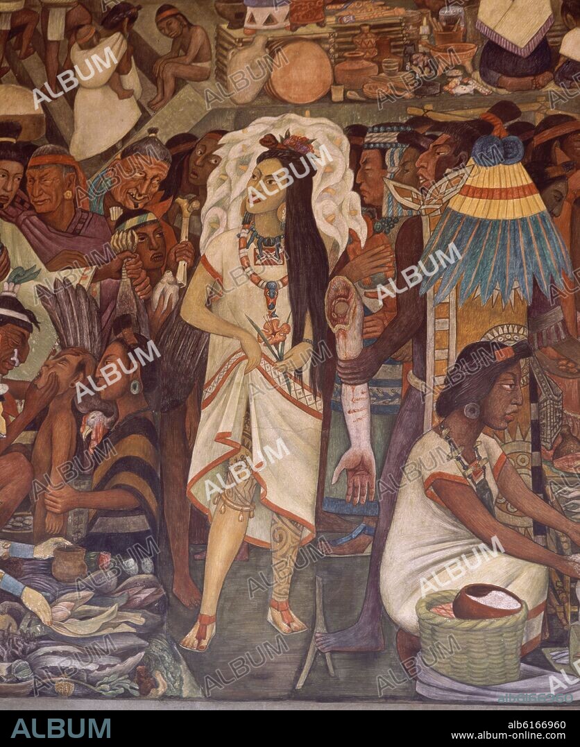 DIEGO RIVERA. BOARD - TLATELOLCO MARKET - DETAIL OF TATTOOED WOMAN - FRESCO. 20TH CENTURY.