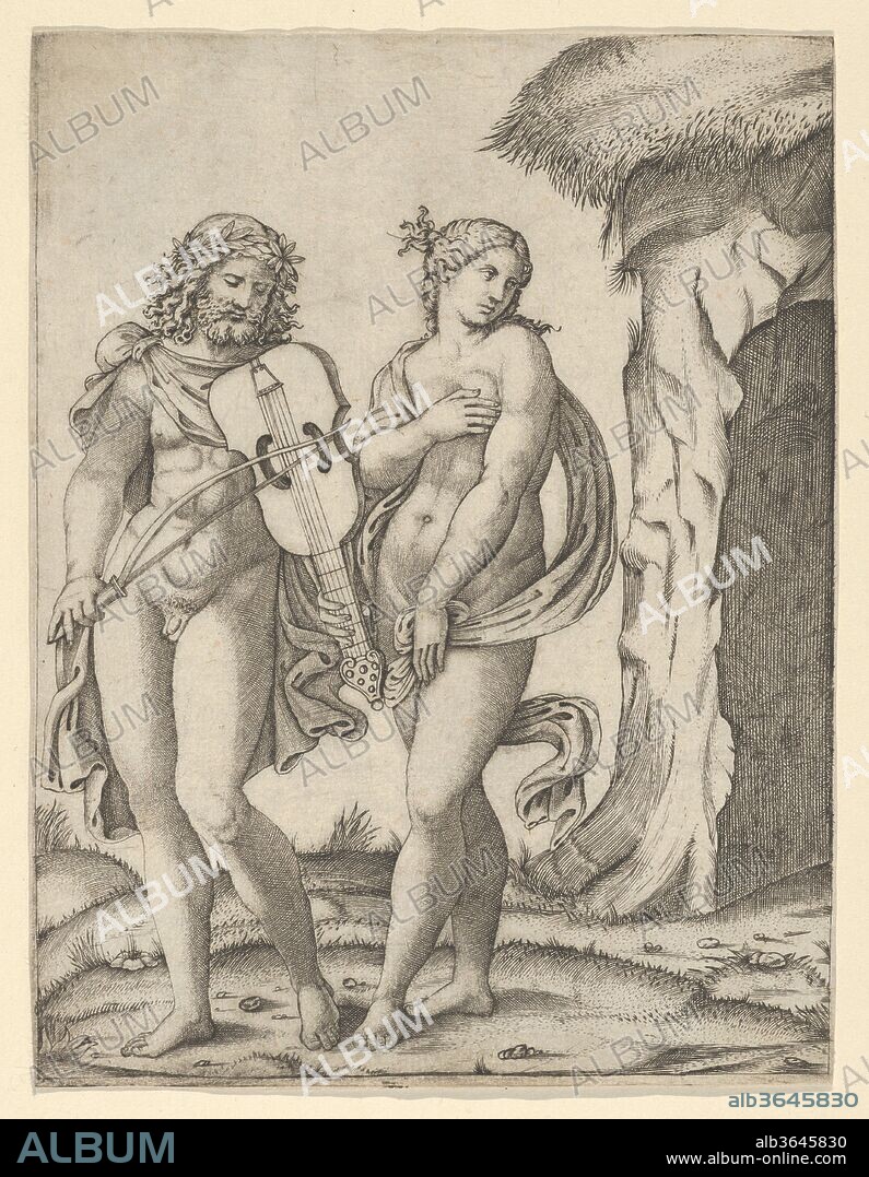 MARCANTONIO RAIMONDI and ? AFTER RAPHAEL (RAFFAELLO SANZIO OR SANTI). Orpheus standing at left playing the violin, Eurydice at right covering herself. Artist: Marcantonio Raimondi (Italian, Argini (?) ca. 1480-before 1534 Bologna (?)); ?After Raphael (Raffaello Sanzio or Santi) (Italian, Urbino 1483-1520 Rome). Dimensions: Sheet: 6 15/16 × 5 1/4 in. (17.6 × 13.3 cm). Date: ca. 1509.