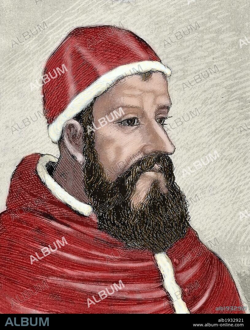 CLEMENTE VII (Florencia,1478-Roma,1534). Papa florentino, de nombre Giulio de Mèdicis, elegido en 1523. Gracias a su mecenazgo Miguel Angel finalizó las pinturas del Juicio Final de la Capilla Sixtina. Luchó contra la política de Carlos IV. Grabado por Serra Pausas en "Historia de España" (1882). Coloreado.