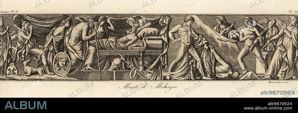 Death of Meleager. At left, King Oeneus and Meleagers sisters mourn him on his deathbed near his shield with the face of a Gorgon. Center, Meleager with chlamys kills Plexippus for the boar skin and fights Toxeus, sons of King Thestius of Pleuron. At right, Meleagers mother Althaea, agitated by one of the Furies, holds a burning branch in her hand. From a bas-relief in the Capotoline Museum. Morte di Meleagro. Handcoloured copperplate engraving by Bennardoni from Giulio Ferrarios Costumes Ancient and Modern of the Peoples of the World, Il Costume Antico e Moderno, Florence, 1826.