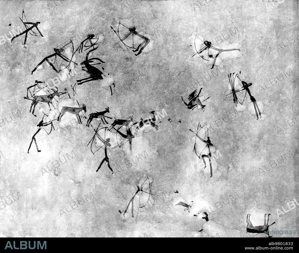 1954. View of the Paintings of the Spider Cave in the town Bicorp (Valencia).