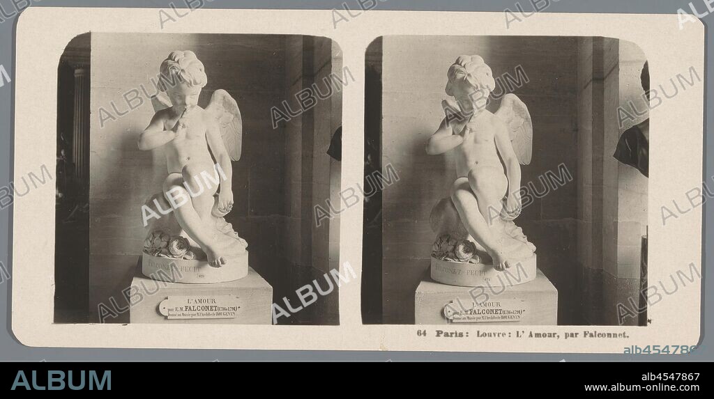 Sculpture by Etienne Maurice Falconet at the Louvre Museum in Paris, representing Amor Paris: Louvre: L'Amour, par Falconnet (title on object), (story of) Cupid, Amor (Eros), sitting figure - AA - female human figure, sculpture, Neue Photographische Gesellschaft (mentioned on object), Musée du Louvre, 1904, cardboard, photographic paper, gelatin silver print, h 88 mm × w 179 mm.