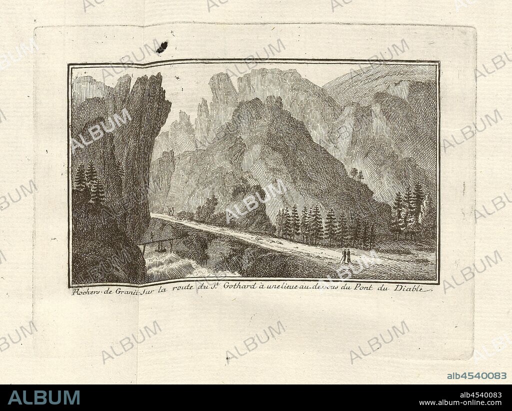 Granit Rocks on St. Gotthard Road a league below Devil's Bridge, On the Gotthard pass road below the Devil's Bridge, copperplate engraving, to p. 56 (vol. 4), 1779, Horace-Bénédict de Saussure, Voyages dans les Alpes, précédés d'un essai sur l'histoire naturelle des environs de Genève. Neuchâtel: Samuel Fauche, 1779-1796.