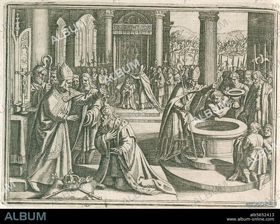 MATTHÄUS MERIAN DER ÄLTERE. Chlodwig I., Frankenkönig aus dem Haus der Merowinger; um 466 - 511. Taufe Chlodwigs (496 oder 506; Bischof Remigius von Reims tauft Chlodwig). Kupferstich von Matthäus Merian d. Ä. (1593-1650). Aus: Johann Ludwig Gottfried, Historische Chronica, Frankfurt a. M. (M.Merian) 1630, S. 410. n. Berlin, Sammlung Archiv für Kunst und Geschichte.