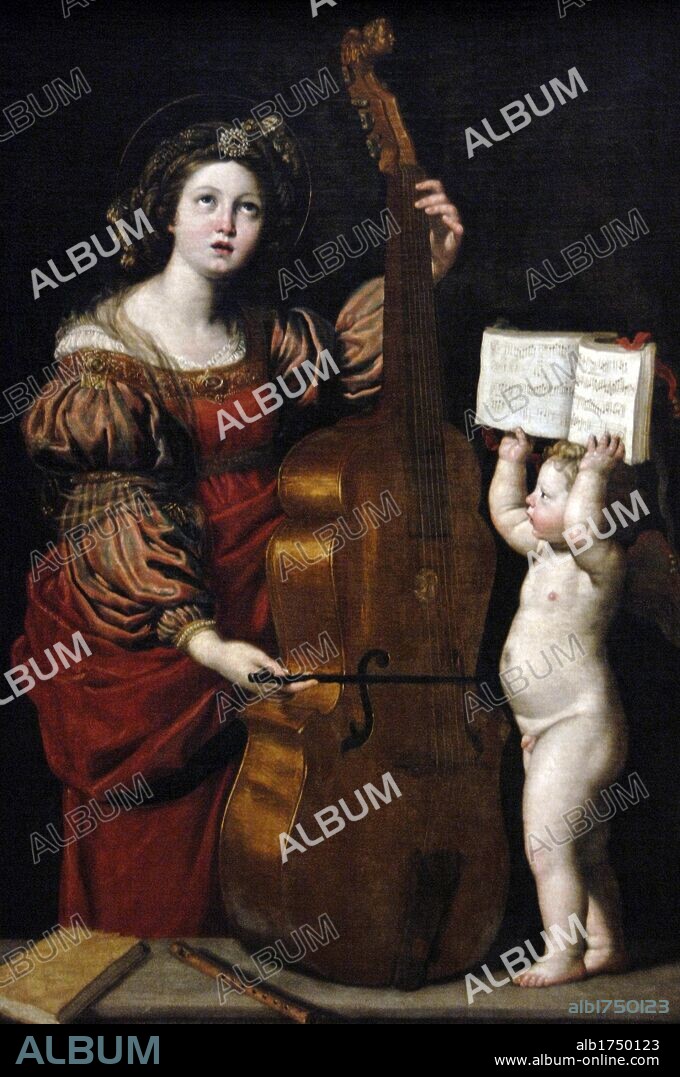 ARTE BARROCO. ITALIA. Domenico Zampieri (o Domenichino) (1581-1641). Pintor italiano barroco del clasicismo romano-boloñés. "SANTA CECILIA ANTE UN ANGEL SUJETANDO UNA PARTITURA". 1617-1618. Patrona de la música. Museo del Louvre. París. Francia. Europa.