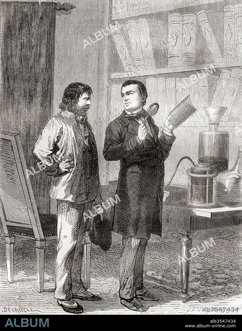 Moritz von Jacobi, on the right, discovering galvanoplastics, or electrotyping in 1838. Moritz Hermann (Boris Semyonovich) von Jacobi, 1801 – 1874. German Jewish engineer and physicist. From Les Merveilles de la Science, published c.1870.