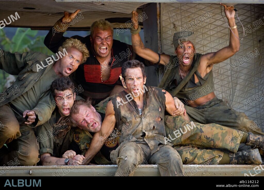BEN STILLER, BRANDON T. JACKSON, JACK BLACK and NICK NOLTE in TROPIC THUNDER, 2008, directed by BEN STILLER. Copyright DREAMWORKS SKG/RED HOUR FILMS/ROAD REBEL.