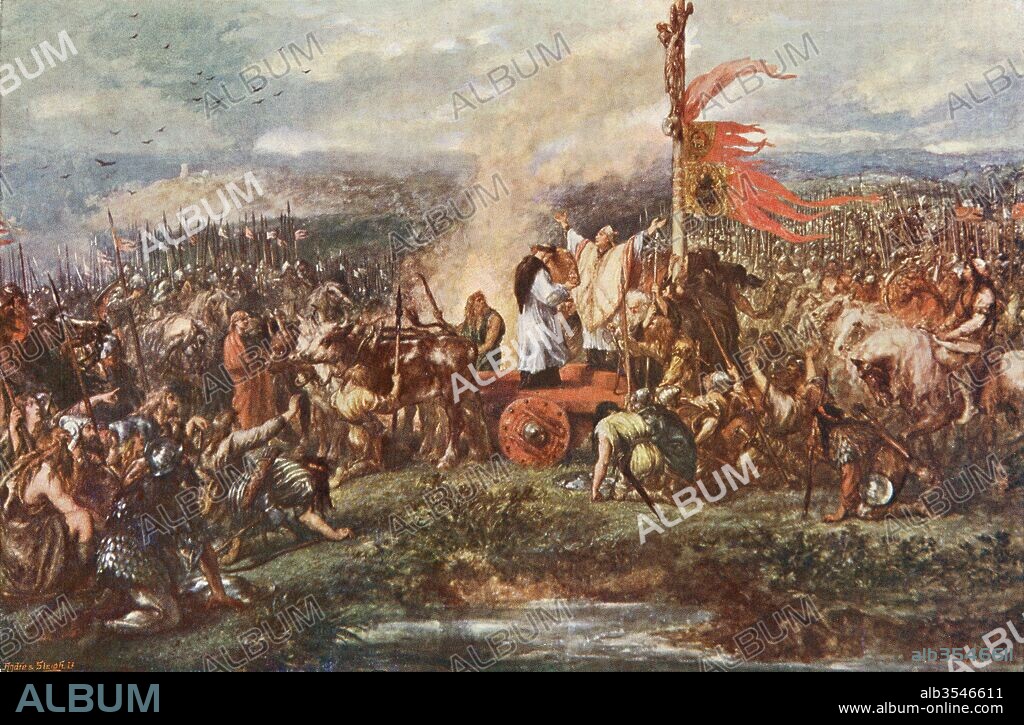 The Battle of the Standard, aka the Battle of Northallerton, 22 August 1138, Cowton Moor near Northallerton,Yorkshire, England. The Scottish forces were led by King David I of Scotland. The English were commanded by William of Aumale. From Cassell's History of England, published c.1901.