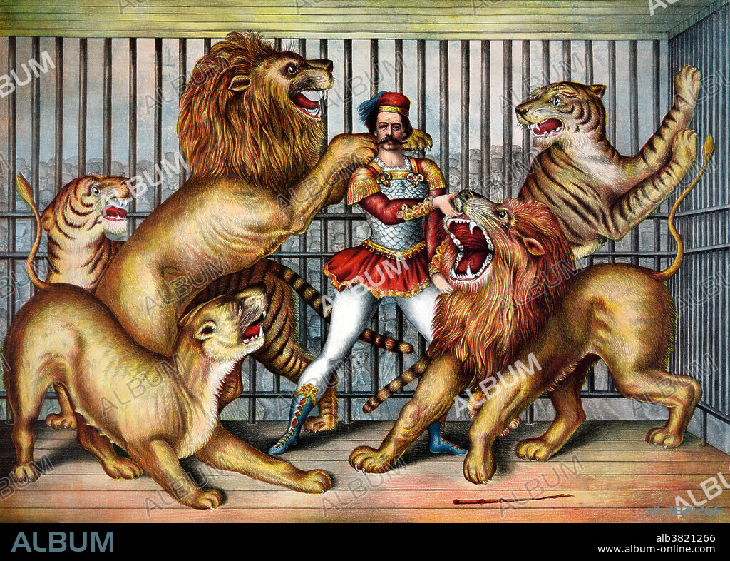 Entitled: Lion tamer. Showing ion tamer in cage with two lions, a lioness, and two tigers. Lion taming is the taming and training of lions, either for protection, or more commonly, entertainment, particularly in the circus. A circus is a company of performers that may include clowns, acrobats, trained animals, trapeze acts, musicians, hoopers, tightrope walkers, jugglers, unicyclists and other object manipulation and stunt-oriented artists. The traditional large tents, commonly known as Big Tops were introduced in the mid 19th century as touring circuses superseded static venues. These tents eventually became the most common venue and remain so to the present day. Published by Gibson and Company, 1873.