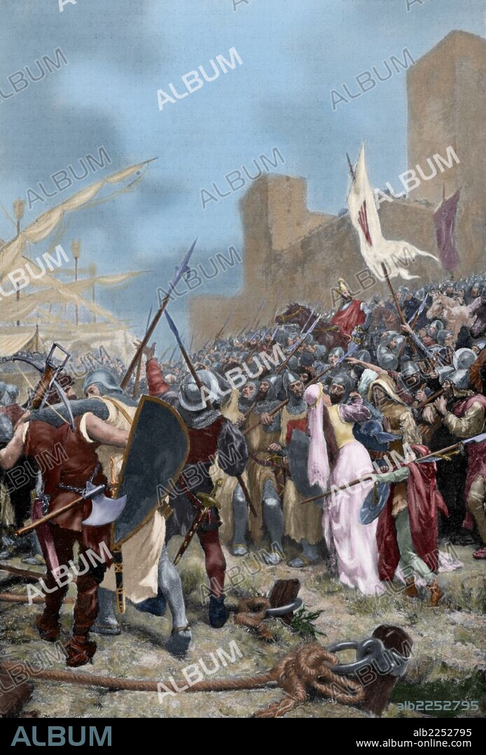 Jaime I de Aragón El Conquistador (1208-1276). Rey de Aragón, Valencia, Mallorca, Conde de Barcelona y Montpellier. "Embarque en Salou de Jaime I hacia la conquista de Mallorca, 1229". Grabado coloreado de "La Ilustración Catalana", año 1904. Según grabado de Raimundo Tusquets.
