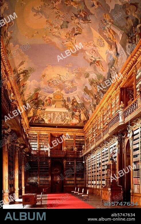 Prague, Czech Republic. Strahov Monastery (Strahovsky Klaster), founded in. 1149 by Bishop Jindrich Zdik, Bishop John of Prague and Prince Vladislav II. Interior view, library, ceiling fresco. Photo, L. Hammel / A van der Voort, film size: 6 × 9 cm.
