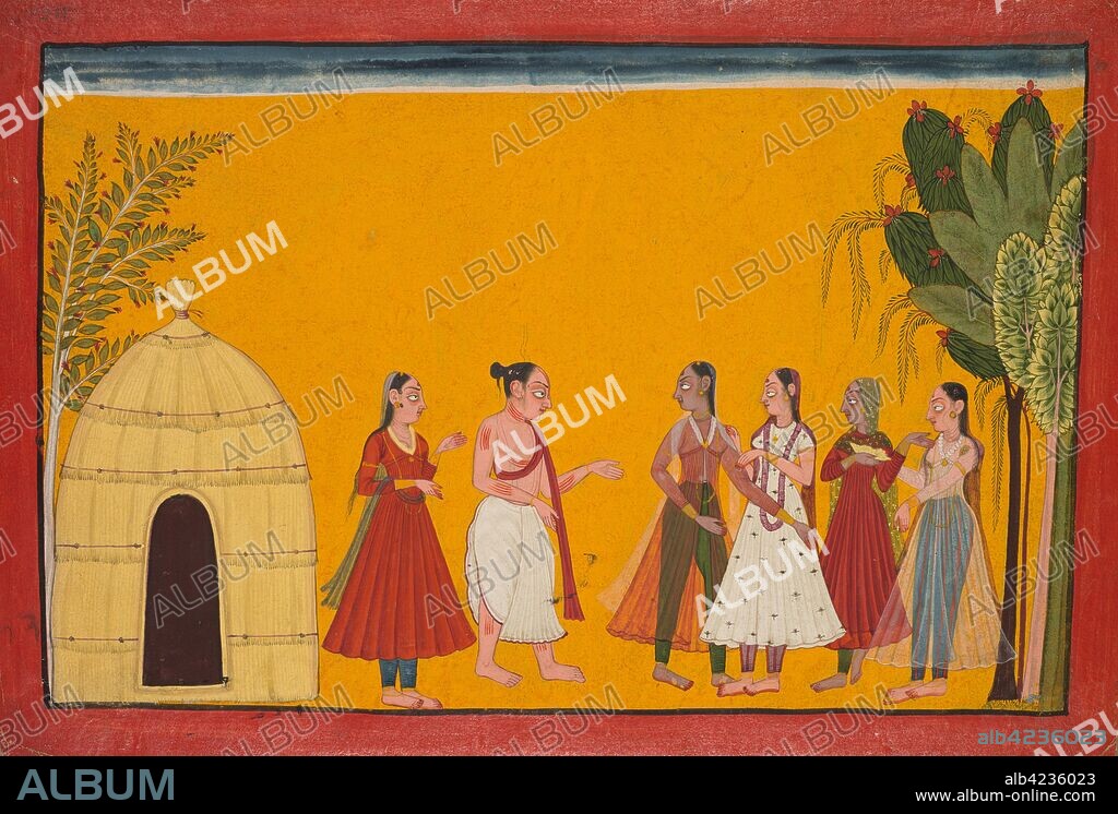 Rama and Sita Being Taken to the Priest to Fix the Wedding Date; page from the Ramayana (Tales of God Rama), c. 1700-1710. India, Pahari Hills, Kulu, Shangri Style IV, 18th century. Ink and color on paper; image: 18.5 x 28.7 cm (7 5/16 x 11 5/16 in.); overall: 20 x 30.4 cm (7 7/8 x 11 15/16 in.).