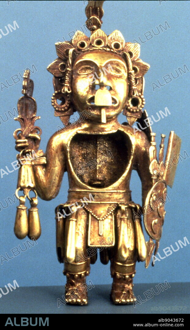 Aztec figure of a Warrior (King), after 1325. Central Mexico. Tetzcoco, Aztec, Post-Classic Period. gold-silver-copper alloy (cast). The elite status of this warrior, holds a dart thrower, darts, and a shield.