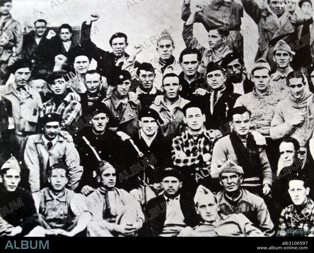 Garibaldi battalion of the 9th mixed brigade, part of the Italian International Brigade fighting during the Spanish Civil War, 1936.