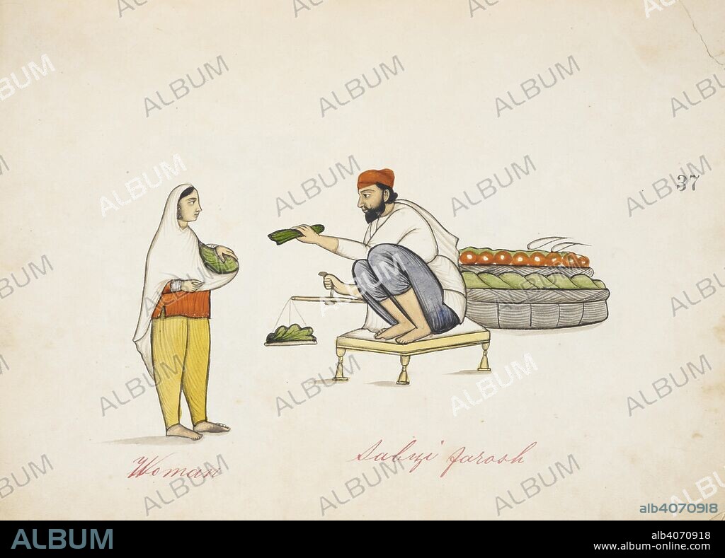 Vegetable-seller. c.1860 Punjab style. Watercolour. Inscribed: â€˜Woman. Sabzi farosh.â€™. Source: Add.Or.1433.