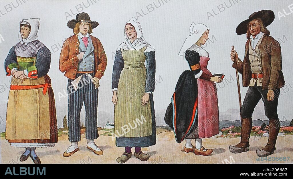 Fashion, clothes, folk costumes in France, around the 19th century, from the left, a woman from Saille near Guerande, Brittany, a farmer from Yaradey near Ancenis, Brittany, a countrywoman from Chateau-Briant, Brittany, a peasant from St. Bonnet, Burgundy and a farmer from the upper Auvergne, digital improved reproduction from an original from the year 1900.
