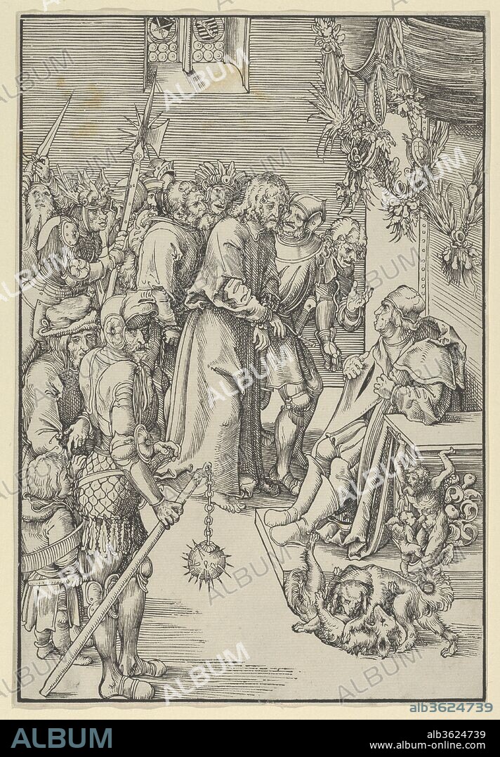 Christ Before Annas, from the Passion. Artist: Lucas Cranach the Elder (German, Kronach 1472-1553 Weimar). Dimensions: Sheet: 9 3/4 × 6 11/16 in. (24.8 × 17 cm). Series/Portfolio: The Passion.
Titled Christ before Caiphas in Hollstein and Bartsch but according to the British Museum the figure of Caiphas is actually Annas because of the presence of an apostle during the hearing that is depicted.
