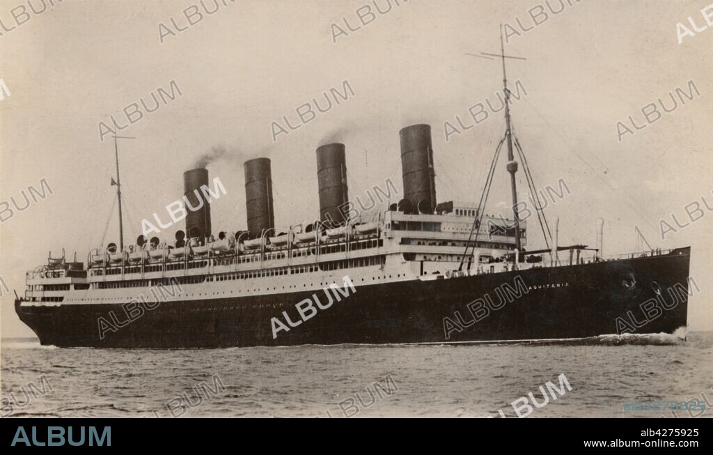RMS 'Aquitania', c1930. The Aquitania was built by John Brown and Company on the Clyde in Scotland for the Cunard Line. Launched in 1914, she was converted for use as an armed merchant cruiser then a troopship during the First World War. After a refit in 1919 she took up her intended role on the transatlantic route to New York. Although slower than some of her rival liners, Aquitania offered more luxurious accomodation. During the Second World War she again served as a troopship. After the war she was used to transport migrants to Canada before she was scrapped in 1950. Postcard. [C.R. Hoffmann, London].