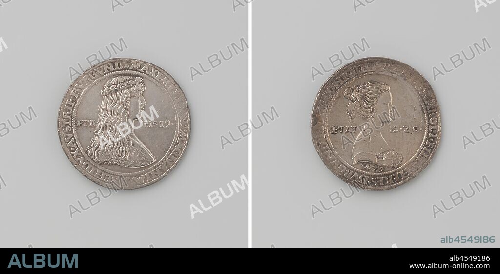 Maximilian, Archduke of Austria and Maria, Duchess of Burgundy, Silver Medal. Front: man's chest piece with laurel wreath between inscription, inside inscription. Reverse: bust of woman between inscription, inside inscription, Maximilian I of Habsburg (emperor of the Holy Roman Empire), Maria (duchess of Burgundy), Giovanni di Candida (copy after), Hall am Inn, 1506, silver (metal), striking (metalworking), d 4.2 cm × w 30.44 gr.