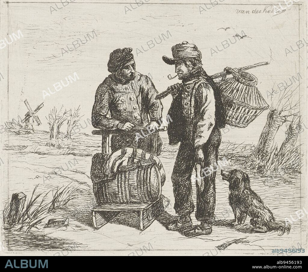 Winter View, David van der Kellen (1804-1879), 1814 - 1879, Winter view with two men talking to each other. One of the men is carrying a sled, on which lies a barrel. The other, possibly a chicken farmer, is smoking a pipe and carrying a dog. In the background some pollarded willows and a windmill., print maker: David van der Kellen (1804-1879), (mentioned on object), 1814 - 1879, paper, etching, h 97 mm × w 118 mm.