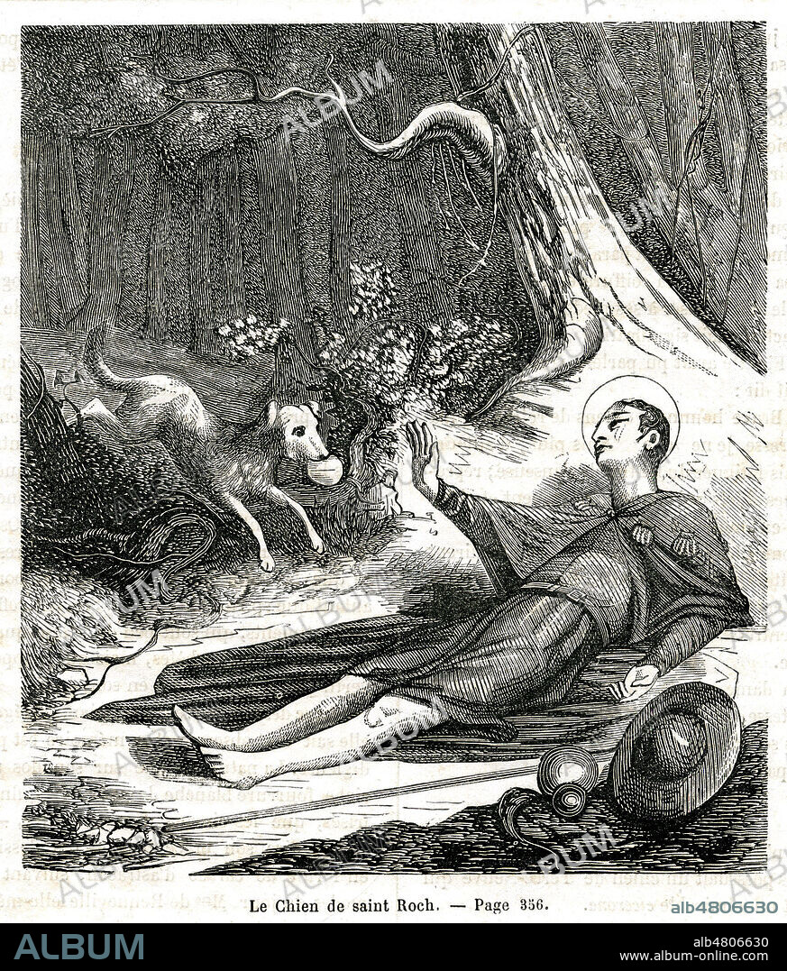 Le chien apporte un pain a Saint ROCH souffrant de la peste. Illustration anonyme de 1867 pour Histoire des Chiens celebres par Emile RICHEBOURG (1833-1898). Credit : Collection Jonas/Kharbine-Tapabor.