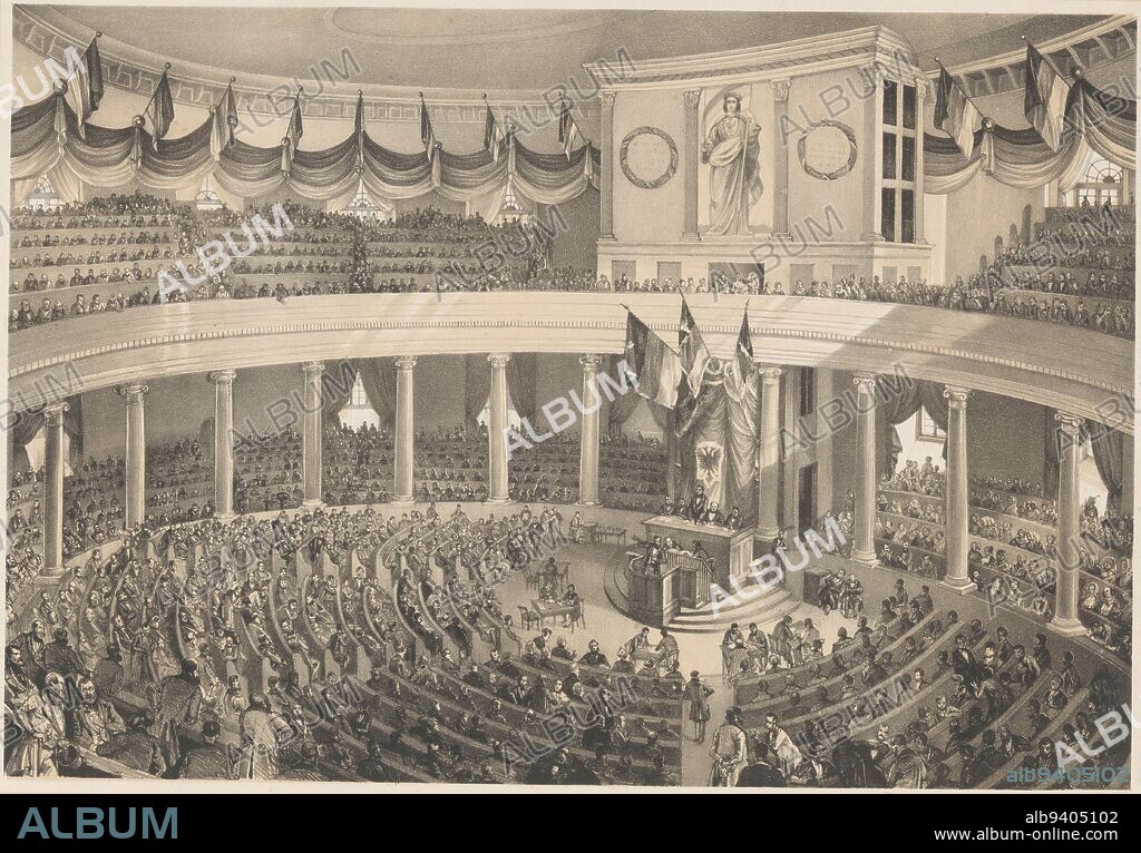 Frankfurt National Assembly, 1848-1849, Eduard Gustav May, after Friedrich Bamberger, 1848 - 1849, Frankfurt National Assembly (or Frankfurter Parliament), meeting of the first elected German parliament, in the Pauluskirche in Frankfurt am Main, 1848-1849., print maker: Eduard Gustav May, (mentioned on object), intermediary draughtsman: Friedrich Bamberger, (mentioned on object), printer: Eduard Gustav May, (mentioned on object), Frankfurt am Main, 1848 - 1849, paper, h 358 mm × w 540 mm.