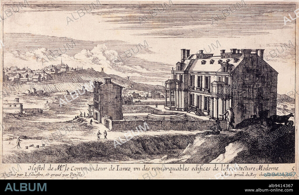 Hostel of Mr. le Commandeur de Iarre, one of the remarkable buildings of Modern Architecture, Pérelle, Adam, Engraver, Silvestre, Israël, Draughtsman, Langlois, Nicolas 1er, Editor, About 1660, 3rd quarter of the 17th century, Graphic arts, Print, Etching, Paris, Paris, Height: 13.5 cm, Width: 22.5 cm.