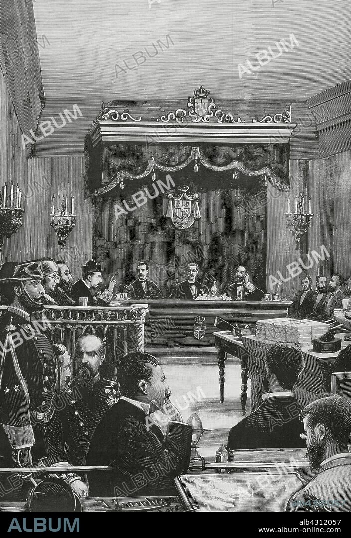 España. Andalucia. 1882-1993. Los Crímenes de la organización anarquista secreta y violenta de "La Mano Negra". Jerez de la Frontera. Juicio oral y público en la causa con motivo del asesinato del campesino Bartolomé Gago, más conocido por "Blanco de Benaocaz". La sala de audiencia en el acto de la acusación fiscal. Dibujo de Comba. Grabado. La Ilustración Española y Americana, 30 de junio de 1883.