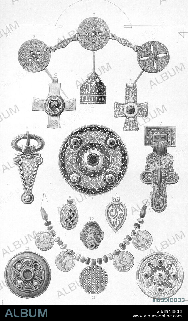 'Anglo-Saxon Relics. Personal Ornaments of Gold and Bronze', 1886. After J. L. Williams. From Illustration of English and Scottish History, Volume I by Thomas Archer. [Blackie & Son, London, Glasgow and Edinburgh, 1886].