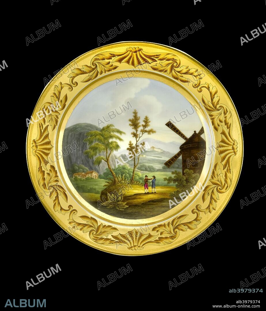 Dessert plate depicting the battlefield of Roleia (Rolica), Portugal, 1810s. Item in Apsley House, London, from the Wellington Museum. Part of a dinner service which was given as a gift from the King of Prussia to the Duke of Wellington in 1819. Dessert plates of the Prussian Service show scenes of events in Wellington's life, in this case the Peninsular War.