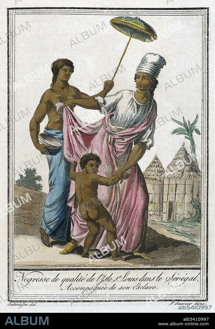 Negresse de Qualité de l'Isle St. Louis dans le Sénégal. Accompagnée de son Esclave. Quality Negress of St. Louis Island in Senegal Accompanied by her slave. Saint-Louis (Ndar) is the capital of Senegal's Saint-Louis Region. Saint-Louis was established in 1659 by French traders on an uninhabited island called Ndar. It was the first permanent French settlement in Senegal. The fortified factory commanded trade along the Senegal River. Slaves, hides, beeswax, ambergris and, later, gum arabic were exported. A Franco-African Creole, or Métis, merchant community characterized by the famous signares, or bourgeois women entrepreneurs, grew up in Saint-Louis during the 17th and 18th centuries. These women of color managed to gain some individual assets, status, and power in the hierarchies of the Atlantic Slave Trade. The Métis were important to the economic, social, cultural and political life of the city. They created a distinctive urban culture characterized by public displays of elegance, refined entertainment and popular festivities. Saint-Louis became capital of the federation of French West African colonies in 1895, but relinquished this role to Dakar in 1902. Costumes of Different Countries, hand-tinted engraving by Labrousse, published by Jacques Grasset de Saint-Sauveur, 1797.
