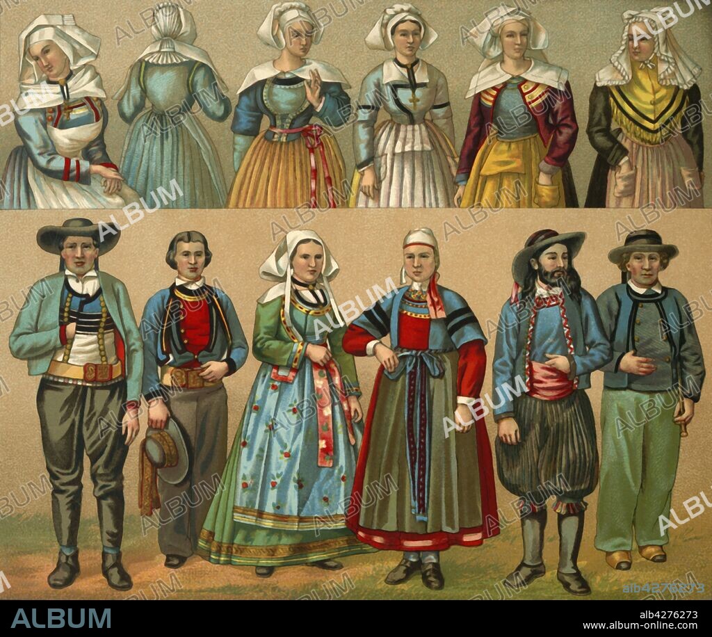 DANIEL URRABIETA VIERGE. French national costume, late 19th century. Examples of traditional costume from different areas of France.