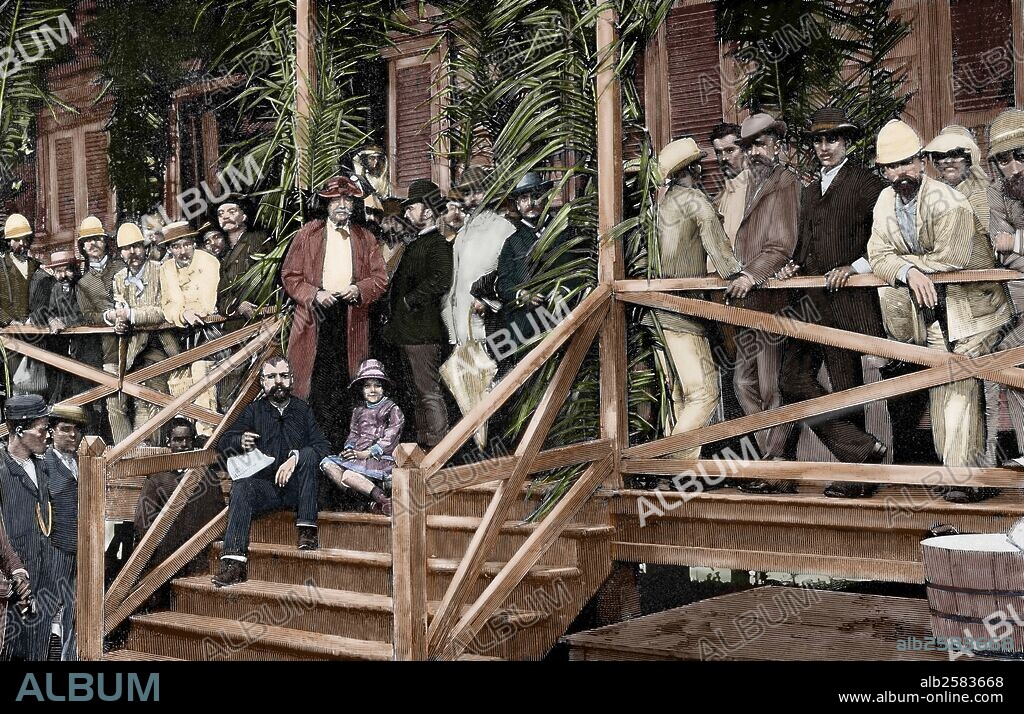 Ferdinand de Lesseps (1805-1894). French diplomat and entrepreneur. Lesseps and his retinue visiting the works of Panama Canal. Engraving by Rico. Almanac of the Illustration, 1887. Colored.