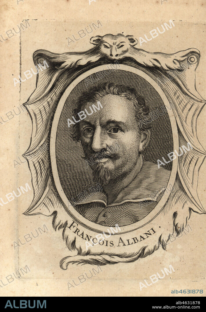Portrait of Francesco Albani, Italian Baroque painter 1578-1660. Francois Albani. Copperplate engraving after a self-portrait by Francesco Albani from Antoine-Joseph Dezallier dArgenvilles Abrege de la vie des plus fameux peintres, Lives of the most Famous Artists, de Bure lAine, Paris, 1762.